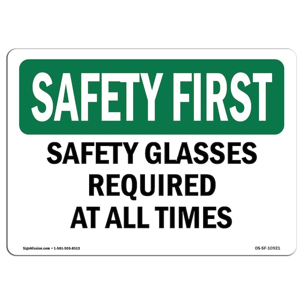 OSHA Sign, Glasses Required All Times, 18in X 12in Aluminum, 18" W, 12" H, Landscape